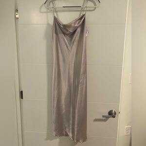 bebe long satin cowl neck silver dress